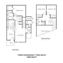 A floor plan of a three bedroom apartment with two bathrooms sized at 1200 square feet.