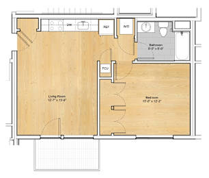 A floor plan of a room with a living room, dining room, kitchen, and bathroom.at 605 Concord at Fresh Pond Apartments, Massachusetts, 02138