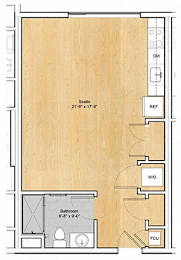 A floor plan of a room with a studio, bathroom, and kitchen.at 605 Concord at Fresh Pond Apartments, Massachusetts, 02138
