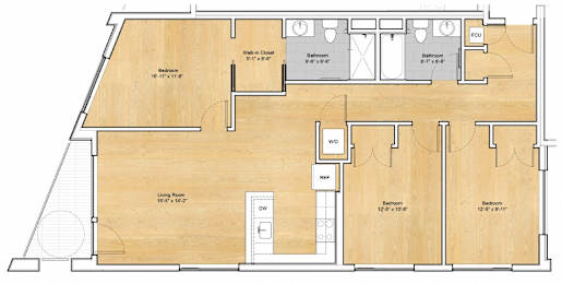 A floor plan of a house with a living room, dining room, kitchen, and bathrooms.at 605 Concord at Fresh Pond Apartments, Massachusetts, 02138