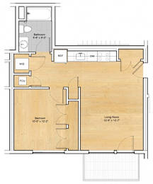 A floor plan of a room with a bathroom, a living room, a dining area, and two bedrooms.at 605 Concord at Fresh Pond Apartments, Massachusetts, 02138
