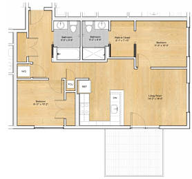 A floor plan of a house with three bedrooms, a living room, and a kitchen.at 605 Concord at Fresh Pond Apartments, Massachusetts, 02138