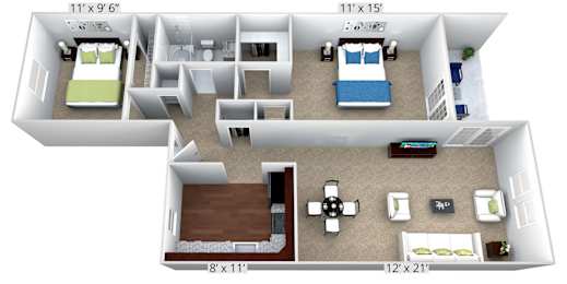A 3D floor plan of a house with two bedrooms, a living room, a kitchen, and a bathroom.