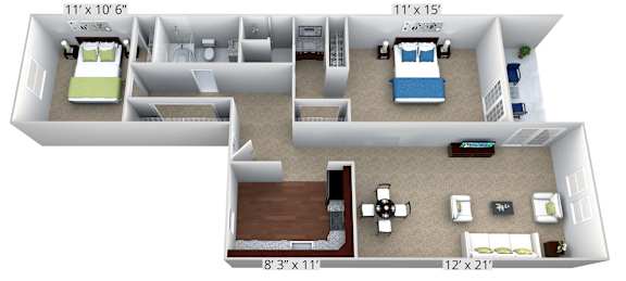 A 3D floor plan of a small apartment with two bedrooms, a living room, and a kitchen.