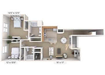 A 3D floor plan of a house showing the layout of the rooms.