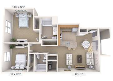 A 3D floor plan of a house showing the layout of the rooms.