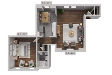 A 3D floor plan of a small apartment with a kitchen, living room, and bathroom.