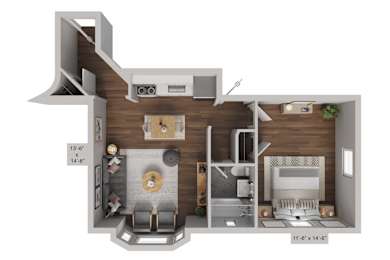 A 3D floor plan of a small apartment with a kitchen, living room, and bathroom.