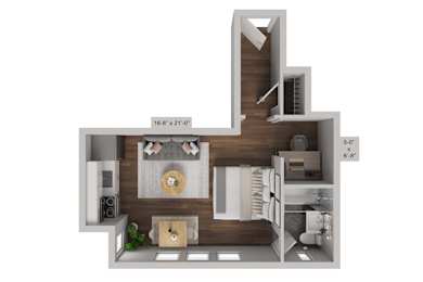 A 3D floor plan of a small apartment with a kitchen, living room, and bedroom.