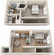 A diagram of a house with two floors, a kitchen, a living room, a bedroom and a bathroom.