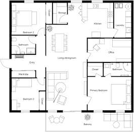 A black and white floor plan of a house with labeled rooms.