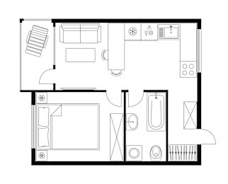 a floor plan of a house with a bedroom and a living room