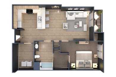 a 3d floor plan of a bedroom with a bathroom and a living room