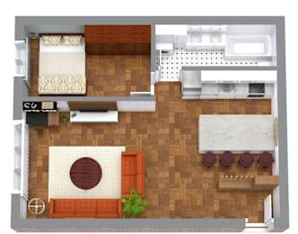 A top-down view of a kitchen and living room with a dining table and chairs.