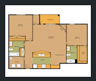 A floor plan of a house with a kitchen, dining area, and two bathrooms.