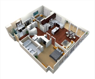 A 3D floor plan of a house with a kitchen, living room, dining room, and two bedrooms.