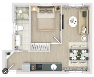 A top-down view of a small apartment with a kitchen, living room, and bathroom.