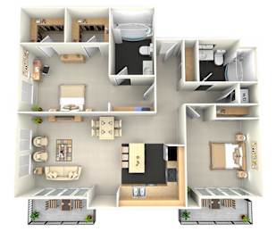 a 3d drawing of a floor plan with 2 bedrooms and 2 baths