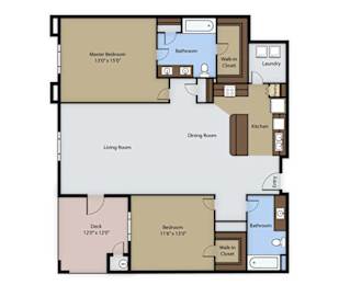 Floor Plan  A floor plan of a house with a master bedroom, two bathrooms, a kitchen, a dining room, a living room, a deck, and a bedroom.