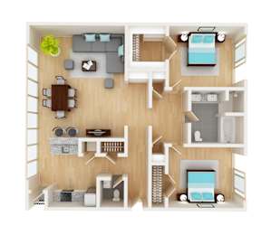 A top-down view of a house layout with a living room, kitchen, and bedrooms.