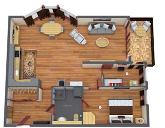 A top-down view of a house interior with a kitchen, living room, and dining area.