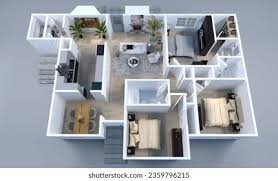 A 3D floor plan of a house with a kitchen, living room, and two bedrooms.