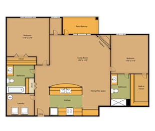 A floor plan of a house with a bedroom, living room, kitchen, bathroom, and laundry area.