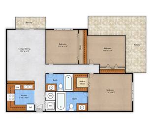 Floor Plan  A floor plan of a house with a living room, two bedrooms, a bathroom, a kitchen, a walk-in closet, and a garage.