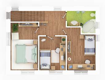A top-down view of a room with a bed, desk, and chair.