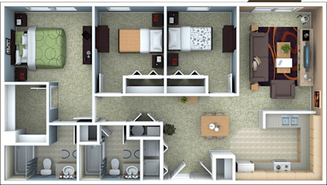  Floor Plan Three Bedrooms Two and 1/2 Bathrooms