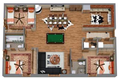 A top-down view of a living room with a pool table and a dining area.
