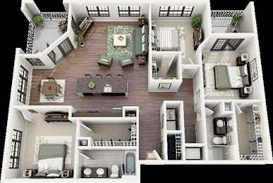 3d floor plan of a house with a bedroom and a living room