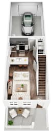 a 3d rendering of a modern apartment with a car