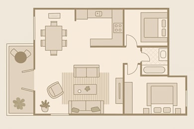 Floor Plan  A floor plan of a house with a kitchen, living room, and dining area.