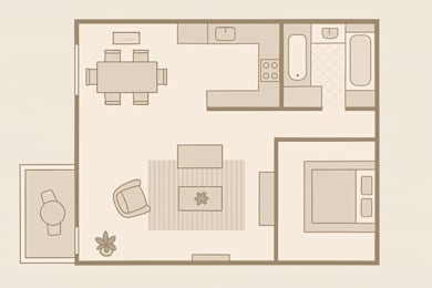 Floor Plan  A floor plan of a house with a kitchen, living room, and bathroom.