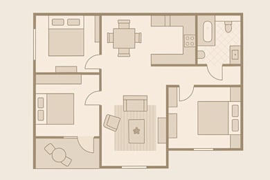 Floor Plan  A floor plan of a house with a kitchen, living room, and two bedrooms.