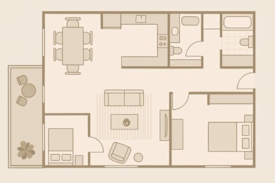 Floor Plan  A floor plan of a house with a dining area, living room, kitchen, and bathroom.