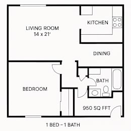 A black and white image of a floor plan for a 1 bedroom, 1 bathroom apartment.
