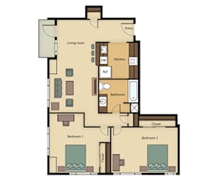 Floor Plan  A floor plan of a house with two bedrooms, a living room, a kitchen, a bathroom, a cloakroom, and a reference room.