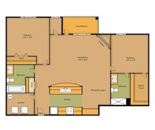 A floor plan of a house with a laundry room, kitchen, and two bedrooms.