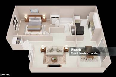 A top-down view of a well-furnished bedroom with a bed, nightstand, and a couch.