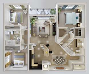 Modern Three Bedroom Two Bathroom Floor Plan