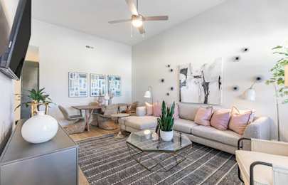 a living room with a couch and a table