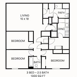 A black and white image of a floor plan for a 1300 square foot home with three bedrooms and a 2.5 bath.