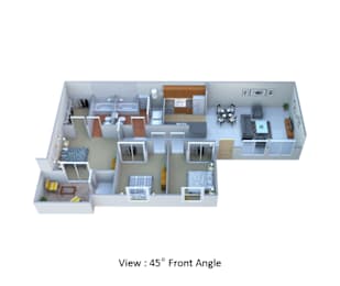 A 3D floor plan of a house with a front angle view of 45 degrees.
