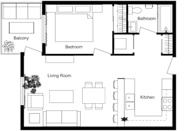 A floor plan of a house with a living room, kitchen, bedroom and bathroom.