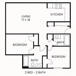 A floor plan of a home with two bedrooms and two bathrooms.