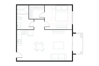 A floor plan of a house with a kitchen, living room, and bathroom.