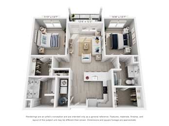 A floor plan of a two-bedroom apartment with a living room, kitchen, and bathroom.