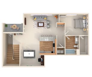 a stylized floor plan with a bedroom and a living room